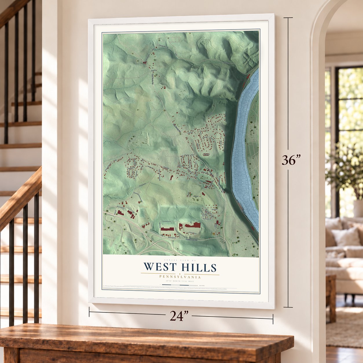 West Hills, Pennsylvania map, 24 x 36 inch print in a white frame by a staircase