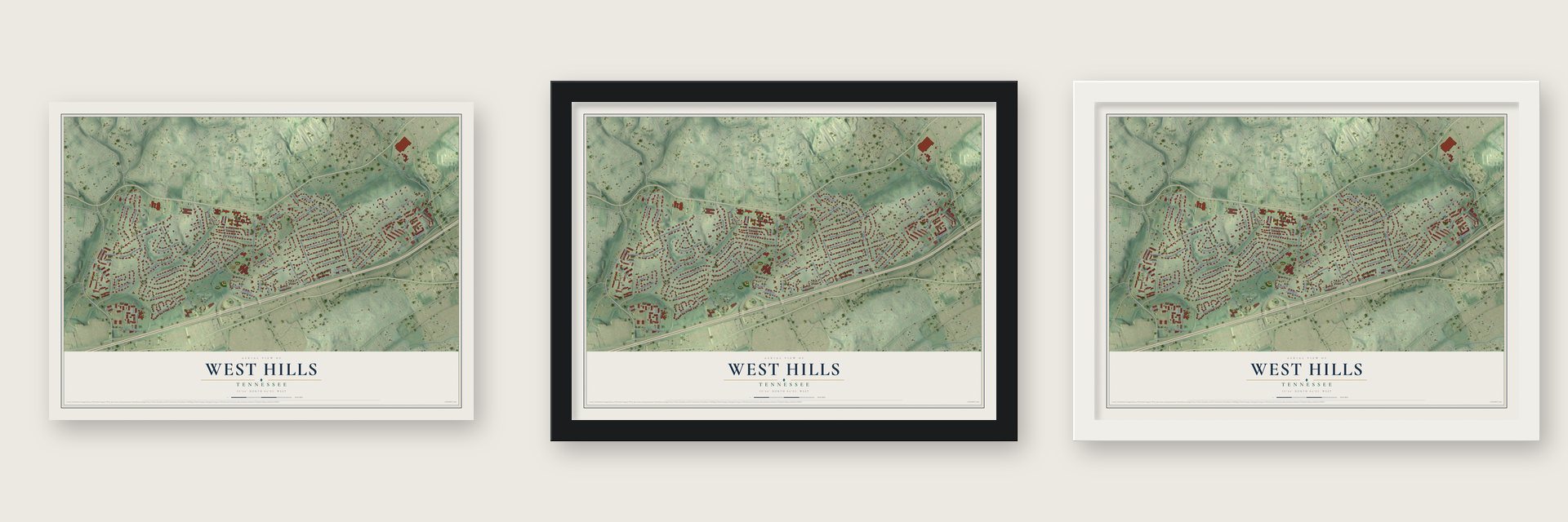 West Hills, Tennessee map unframed, in a black wood frame and in a white wood frame