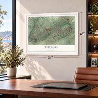West Hills, Tennessee map, 18 x 24 inch print in a white frame in a home office