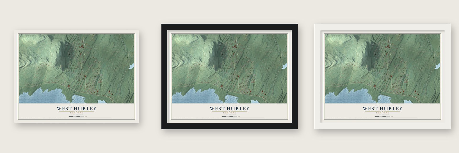 West Hurley, New York map unframed, in a black wood frame and in a white wood frame