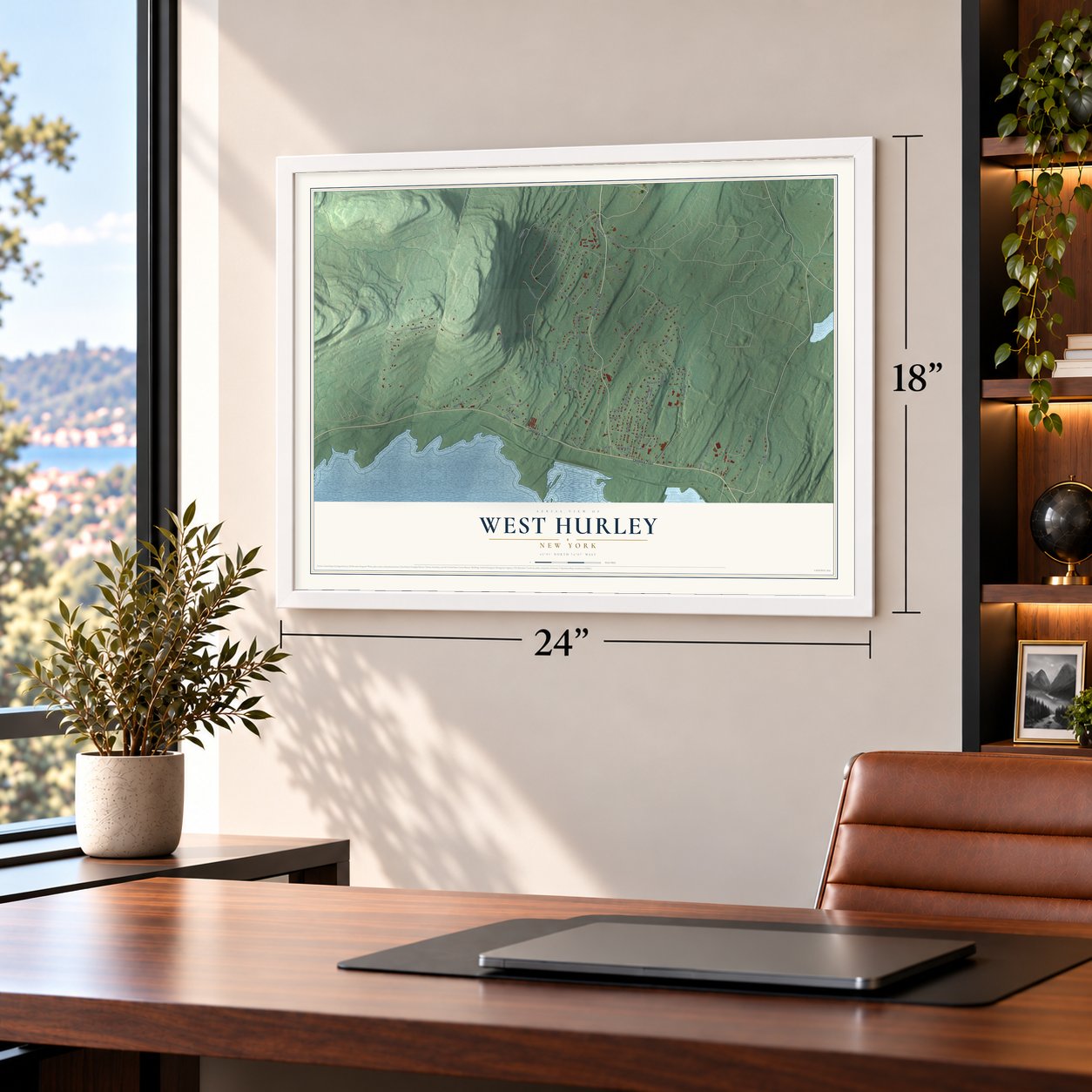 West Hurley, New York map, 18 x 24 inch print in a white frame in a home office