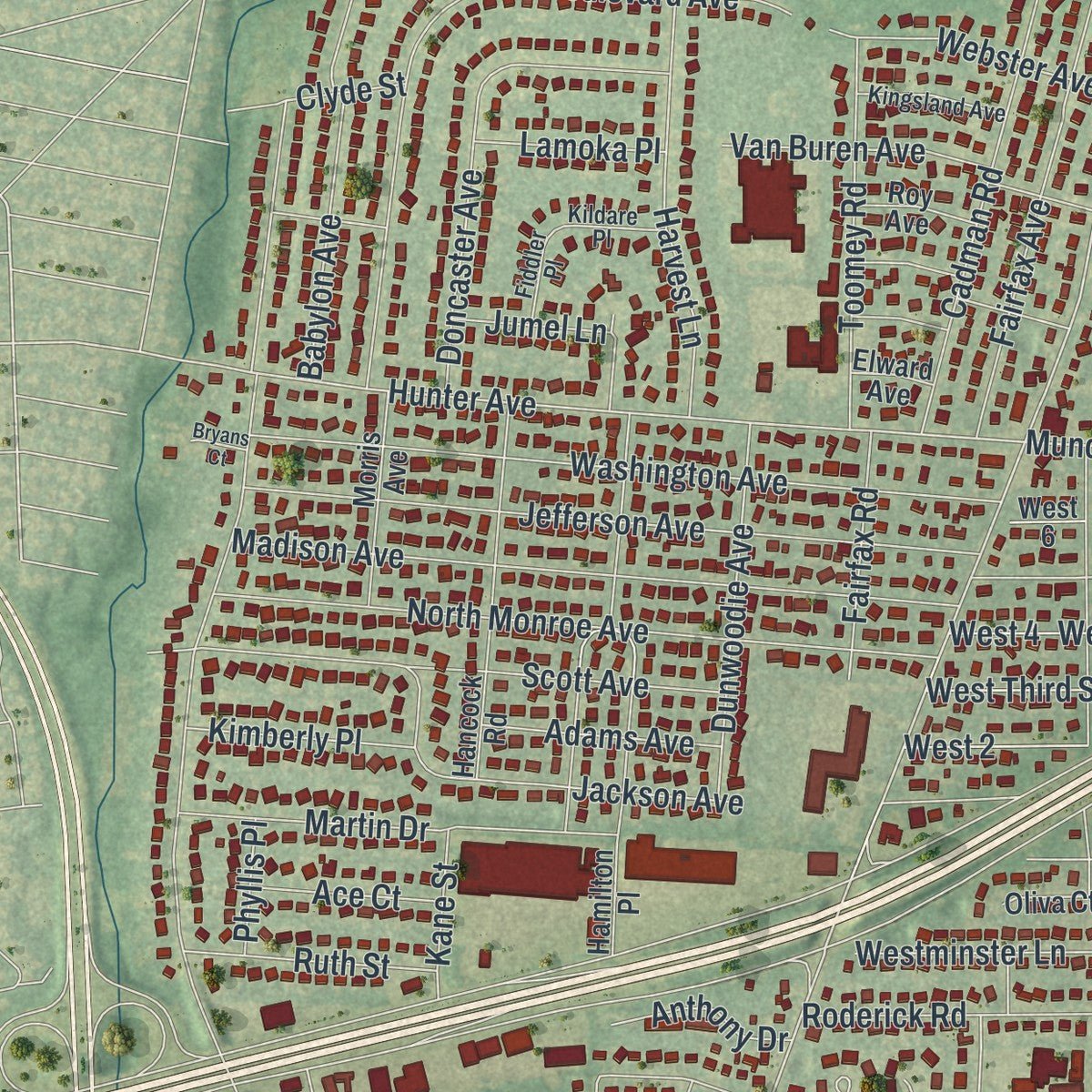 Second close-up of the map of West Islip, New York print showing more streets and buildings