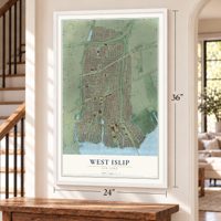 West Islip, New York map, 24 x 36 inch print in a white frame by a staircase