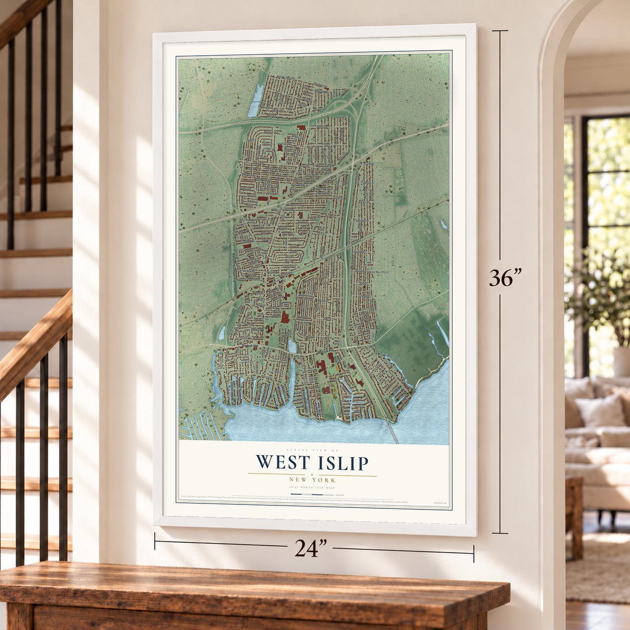 West Islip, New York map, 24 x 36 inch print in a white frame by a staircase