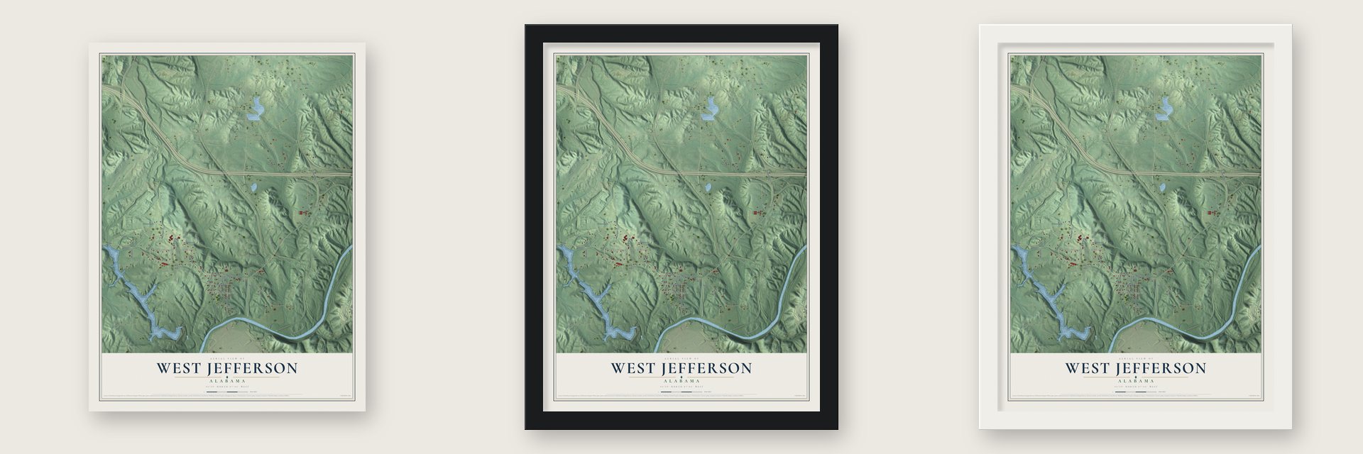 West Jefferson, Alabama map unframed, in a black wood frame and in a white wood frame