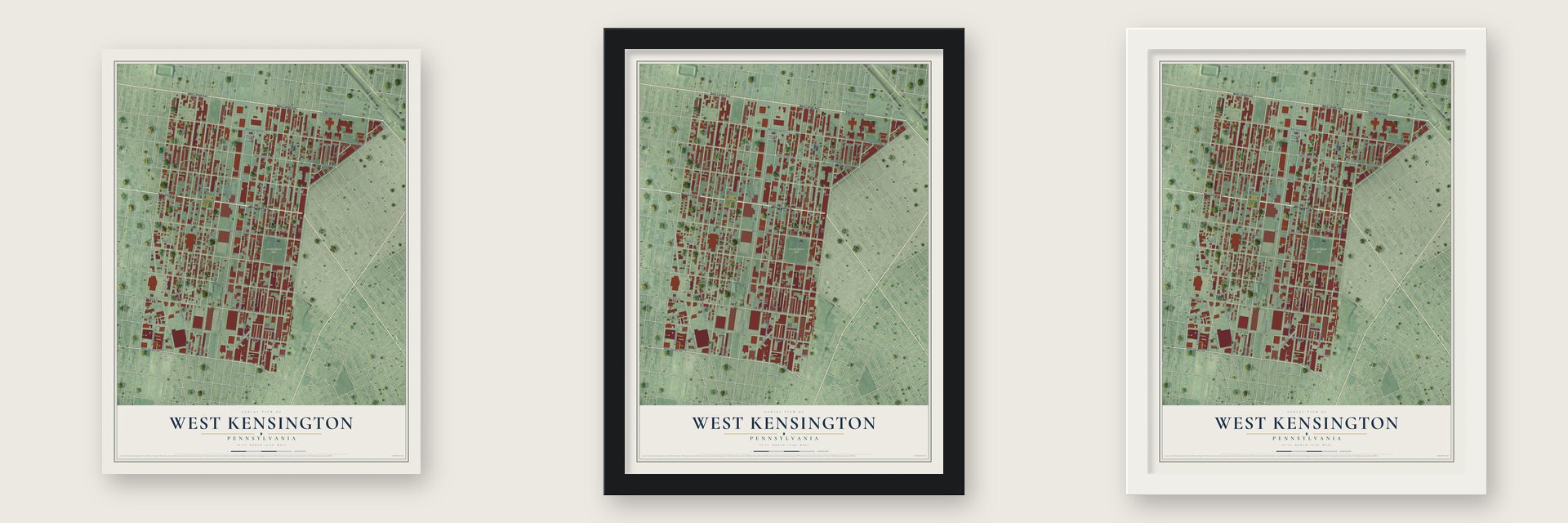 West Kensington, Pennsylvania map unframed, in a black wood frame and in a white wood frame