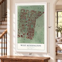 West Kensington, Pennsylvania map, 24 x 36 inch print in a white frame by a staircase