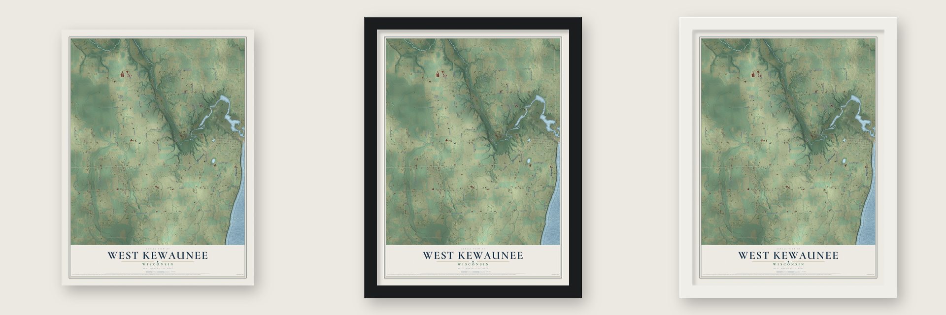 West Kewaunee, Wisconsin map unframed, in a black wood frame and in a white wood frame