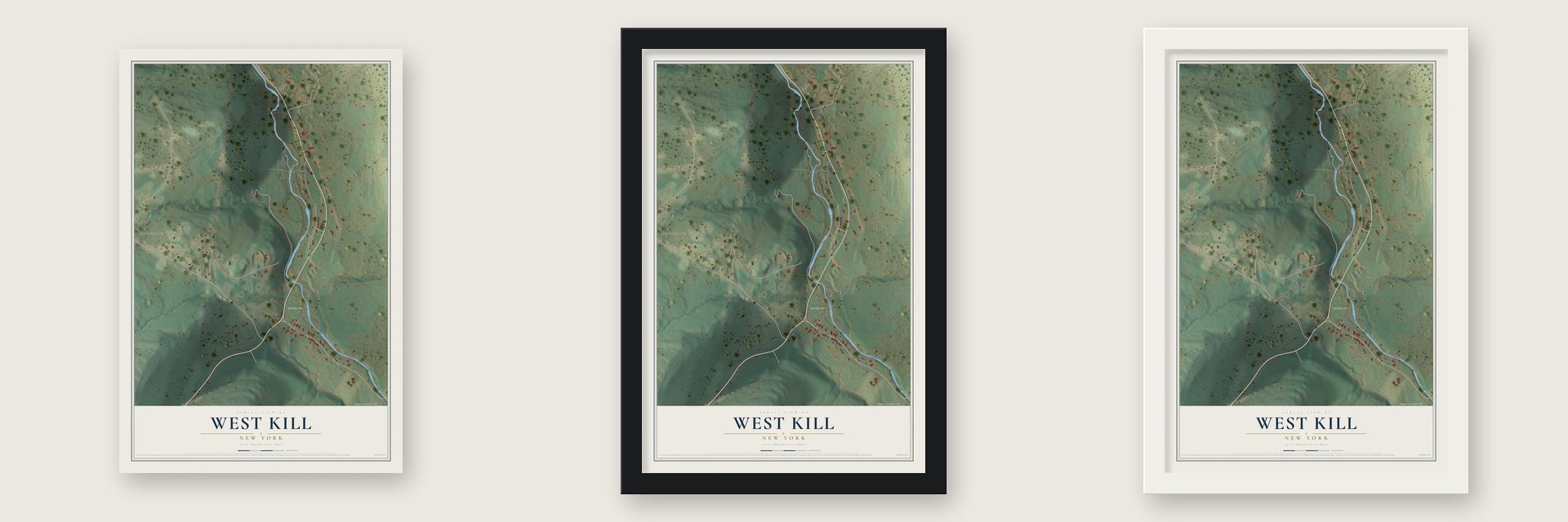 West Kill, New York map unframed, in a black wood frame and in a white wood frame