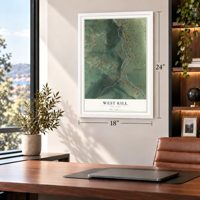 West Kill, New York map, 18 x 24 inch print in a white frame in a home office