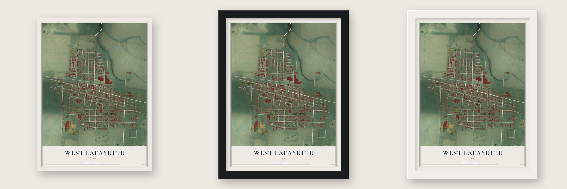 West Lafayette, Ohio map unframed, in a black wood frame and in a white wood frame