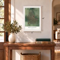 West Lafayette, Ohio map, 12 x 18 inch print in a white frame in an entryway