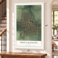 West Lafayette, Ohio map, 24 x 36 inch print in a white frame by a staircase
