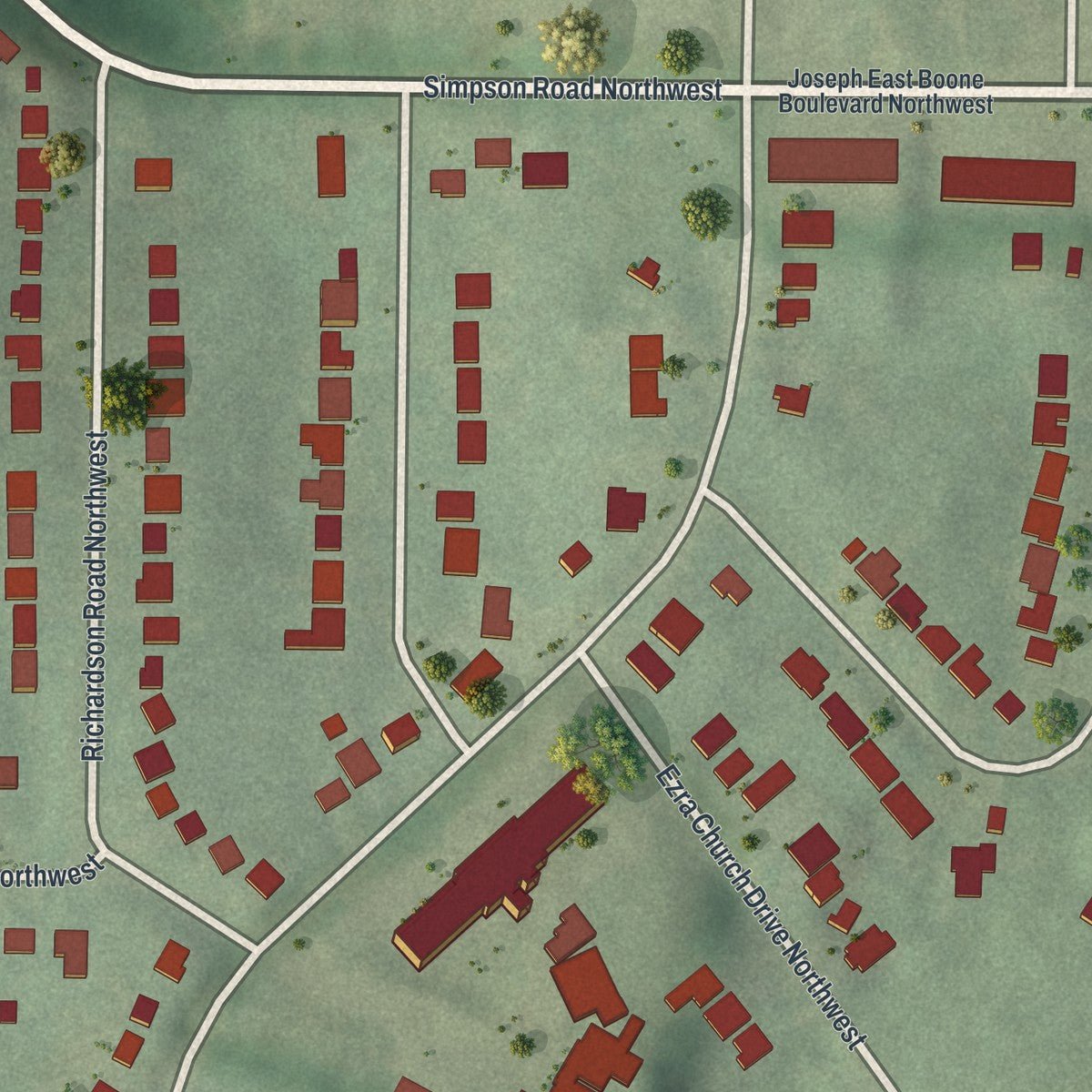 Second close-up of the map of West Lake, Georgia print showing more streets and buildings