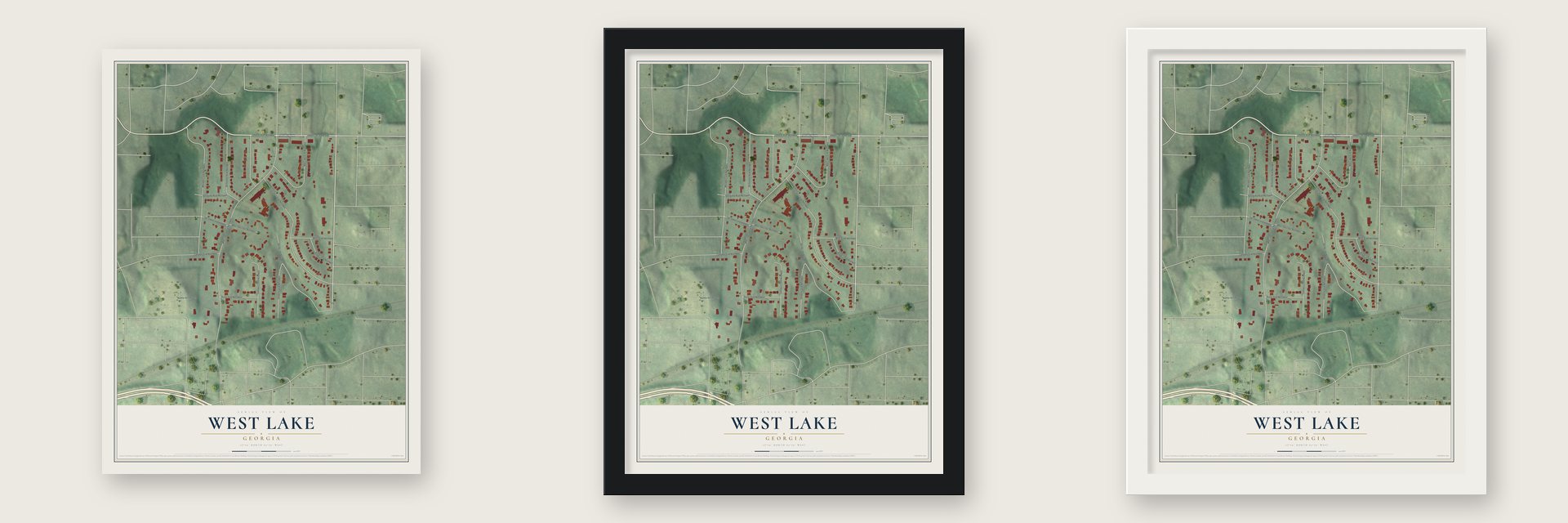 West Lake, Georgia map unframed, in a black wood frame and in a white wood frame