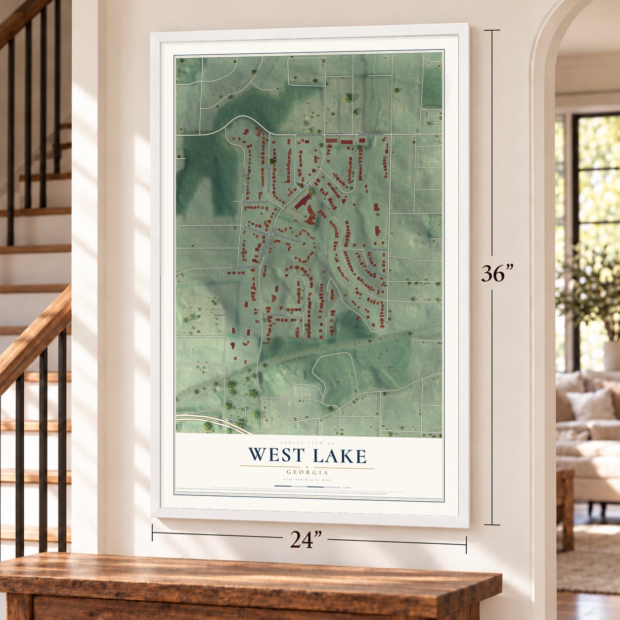 West Lake, Georgia map, 24 x 36 inch print in a white frame by a staircase