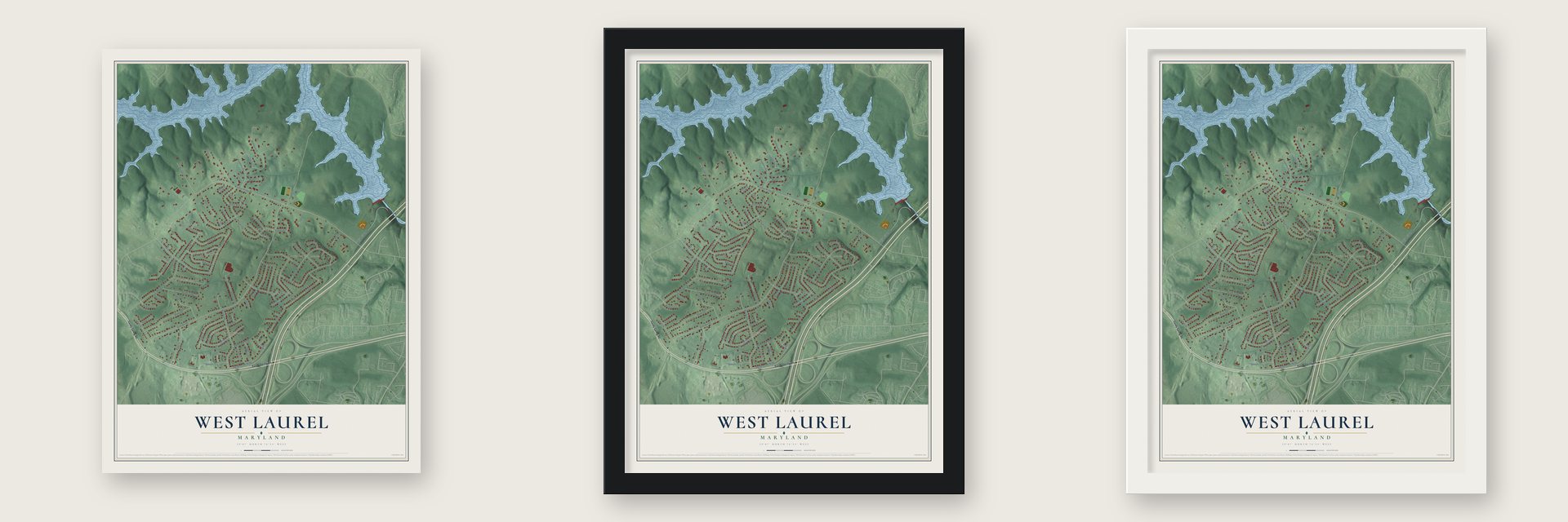 West Laurel, Maryland map unframed, in a black wood frame and in a white wood frame