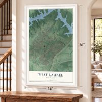 West Laurel, Maryland map, 24 x 36 inch print in a white frame by a staircase