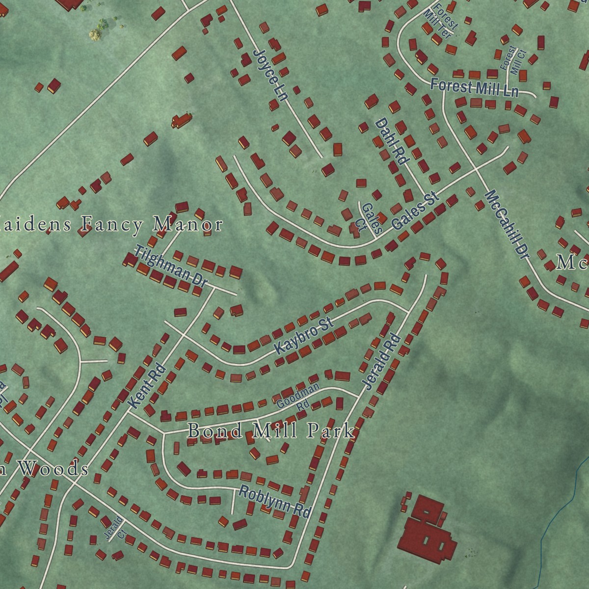 Second close-up of the map of West Laurel, Maryland print showing more streets and buildings