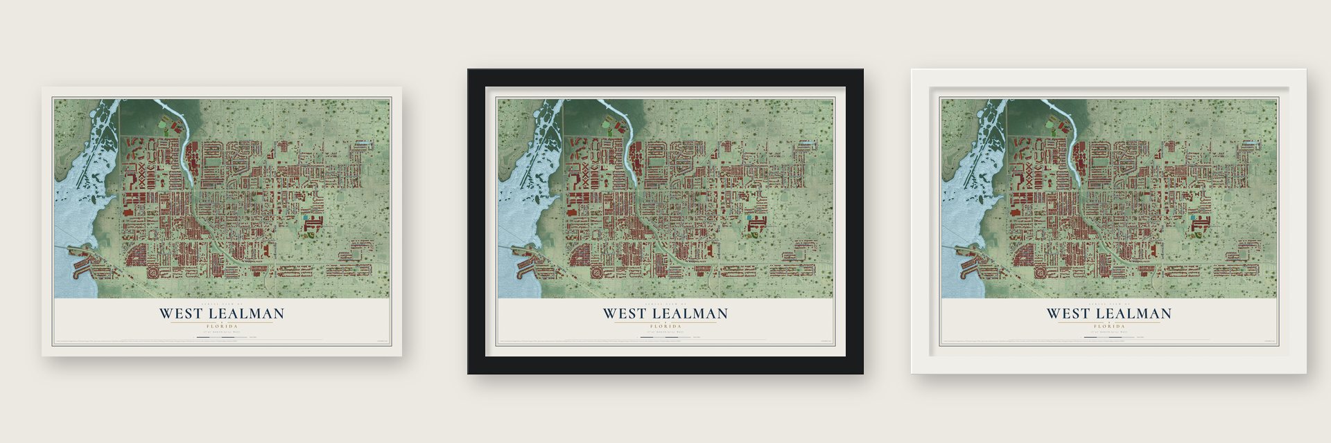 West Lealman, Florida map unframed, in a black wood frame and in a white wood frame