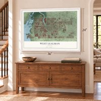 West Lealman, Florida map, 24 x 36 inch print in a white frame above a dresser by a staircase