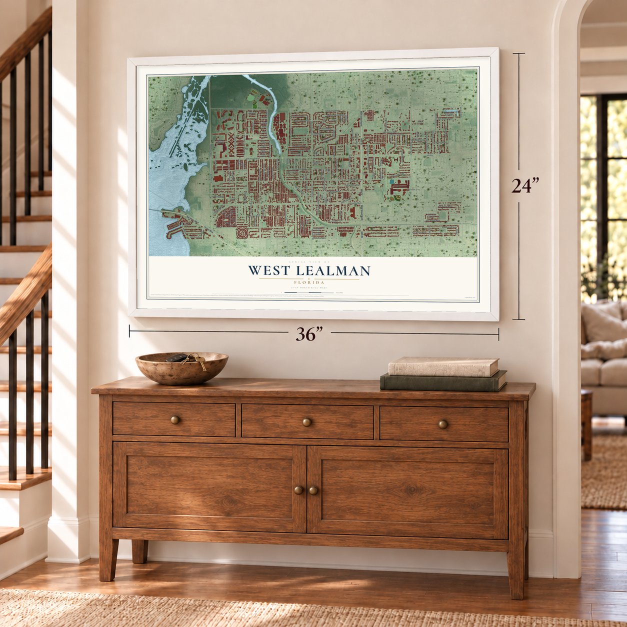 West Lealman, Florida map, 24 x 36 inch print in a white frame above a dresser by a staircase