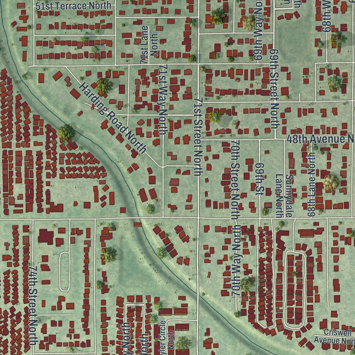 Second close-up of the map of West Lealman, Florida print showing more streets and buildings
