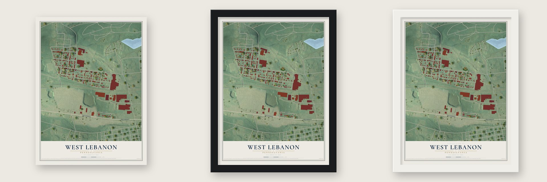 West Lebanon, Pennsylvania map unframed, in a black wood frame and in a white wood frame