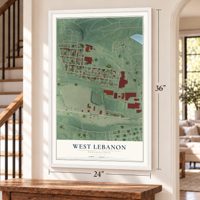 West Lebanon, Pennsylvania map, 24 x 36 inch print in a white frame by a staircase
