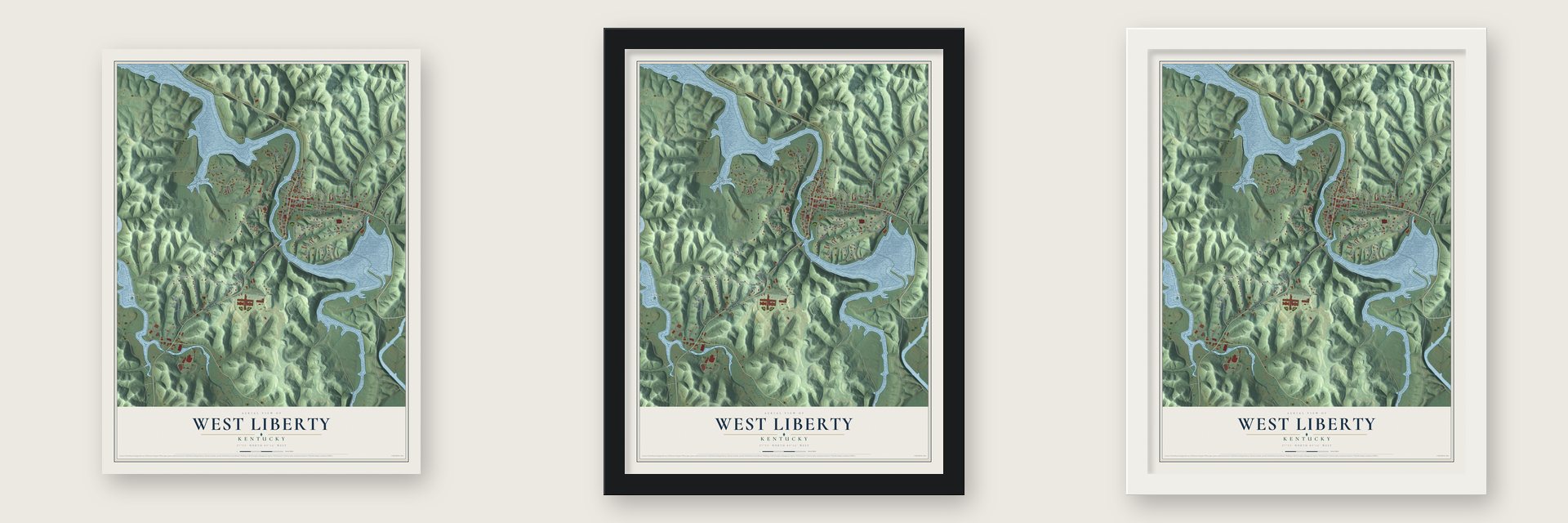 West Liberty, Kentucky map unframed, in a black wood frame and in a white wood frame