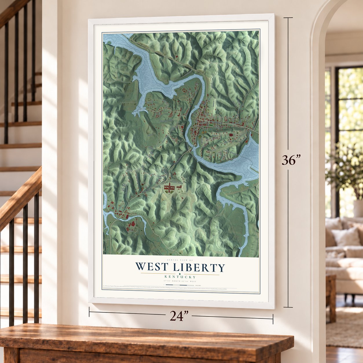 West Liberty, Kentucky map, 24 x 36 inch print in a white frame by a staircase