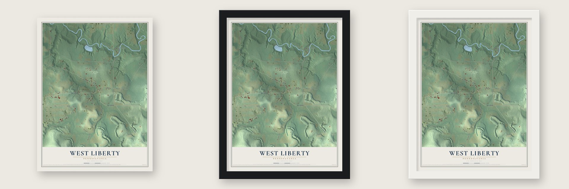 West Liberty, Pennsylvania map unframed, in a black wood frame and in a white wood frame