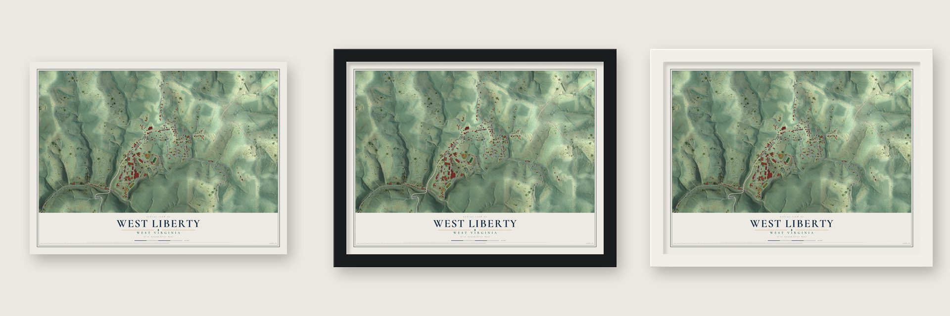 West Liberty, West Virginia map unframed, in a black wood frame and in a white wood frame