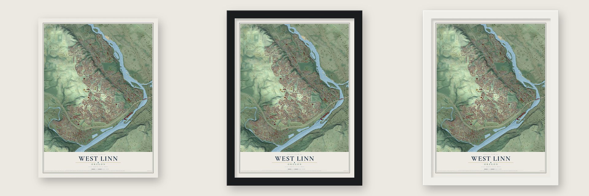 West Linn, Oregon map unframed, in a black wood frame and in a white wood frame