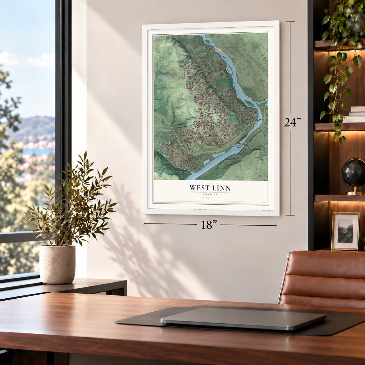 West Linn, Oregon map, 18 x 24 inch print in a white frame in a home office
