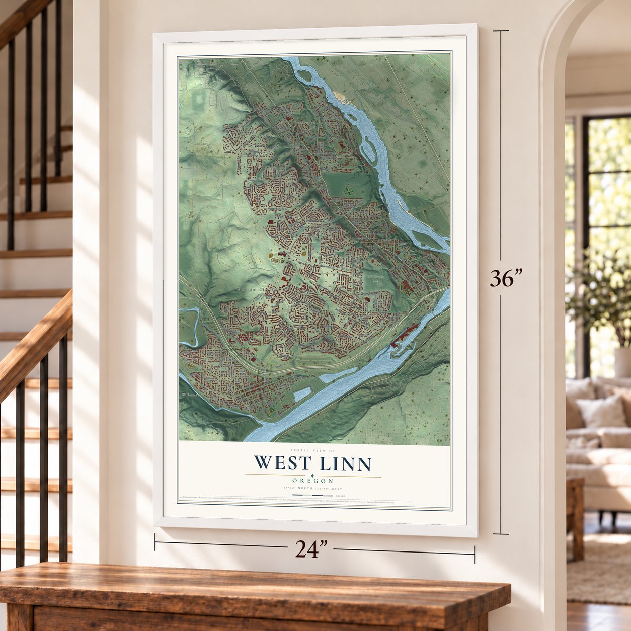 West Linn, Oregon map, 24 x 36 inch print in a white frame by a staircase