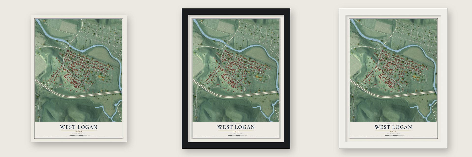 West Logan, Ohio map unframed, in a black wood frame and in a white wood frame