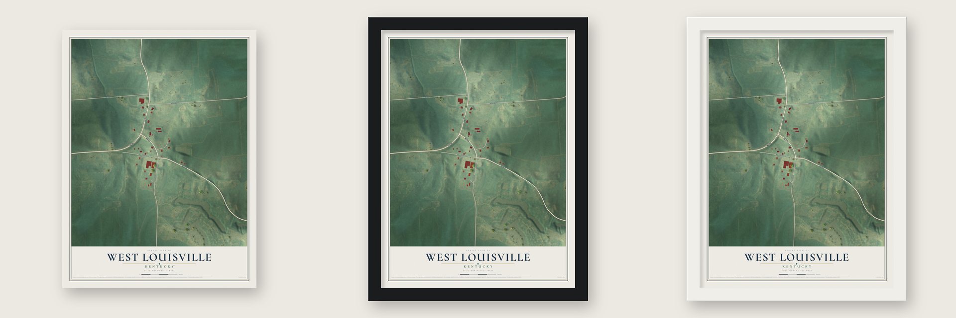 West Louisville, Kentucky map unframed, in a black wood frame and in a white wood frame