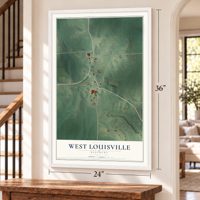 West Louisville, Kentucky map, 24 x 36 inch print in a white frame by a staircase
