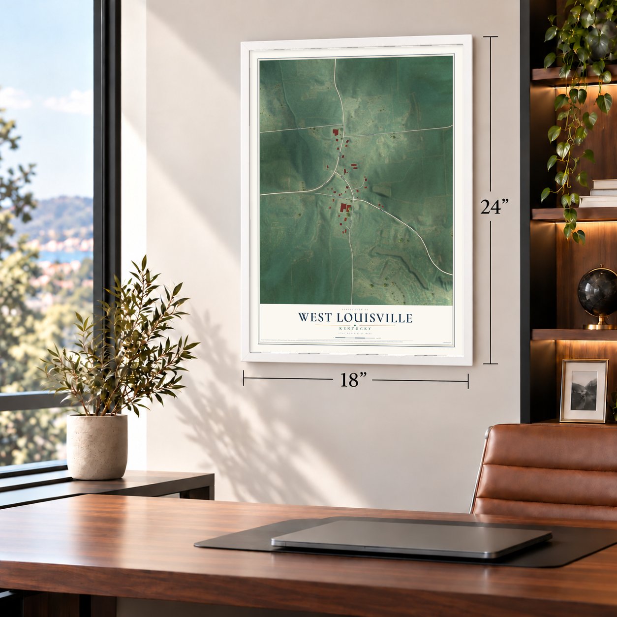 West Louisville, Kentucky map, 18 x 24 inch print in a white frame in a home office