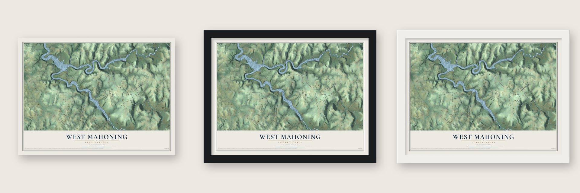 West Mahoning, Pennsylvania map unframed, in a black wood frame and in a white wood frame