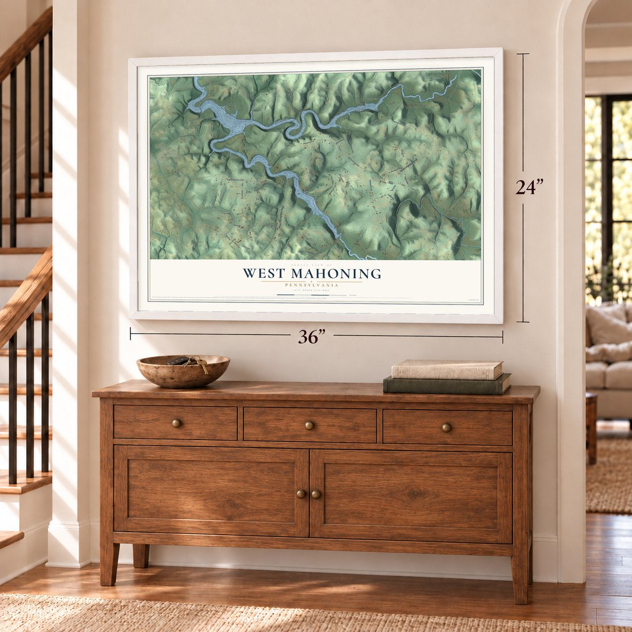 West Mahoning, Pennsylvania map, 24 x 36 inch print in a white frame above a dresser by a staircase