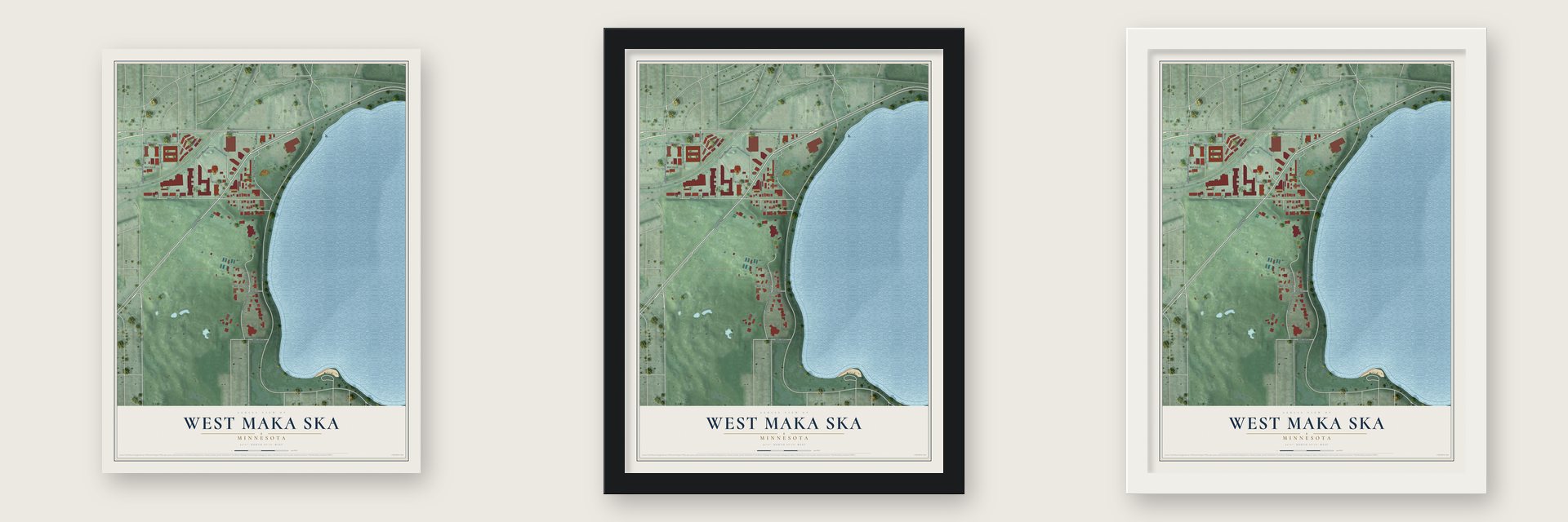 West Maka Ska, Minnesota map unframed, in a black wood frame and in a white wood frame