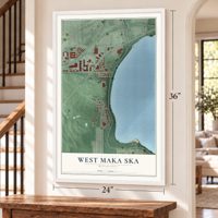 West Maka Ska, Minnesota map, 24 x 36 inch print in a white frame by a staircase