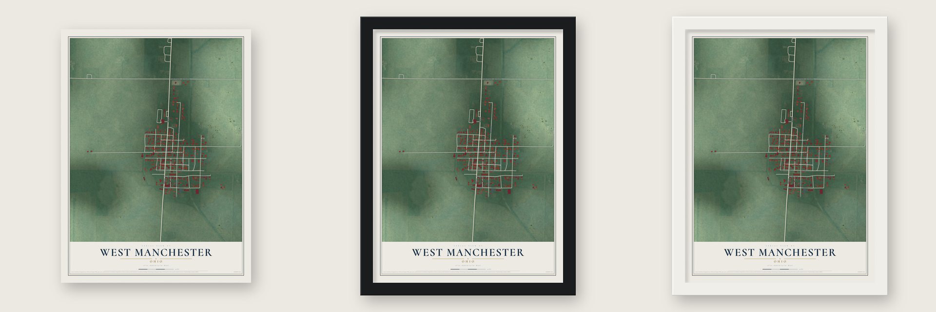 West Manchester, Ohio map unframed, in a black wood frame and in a white wood frame