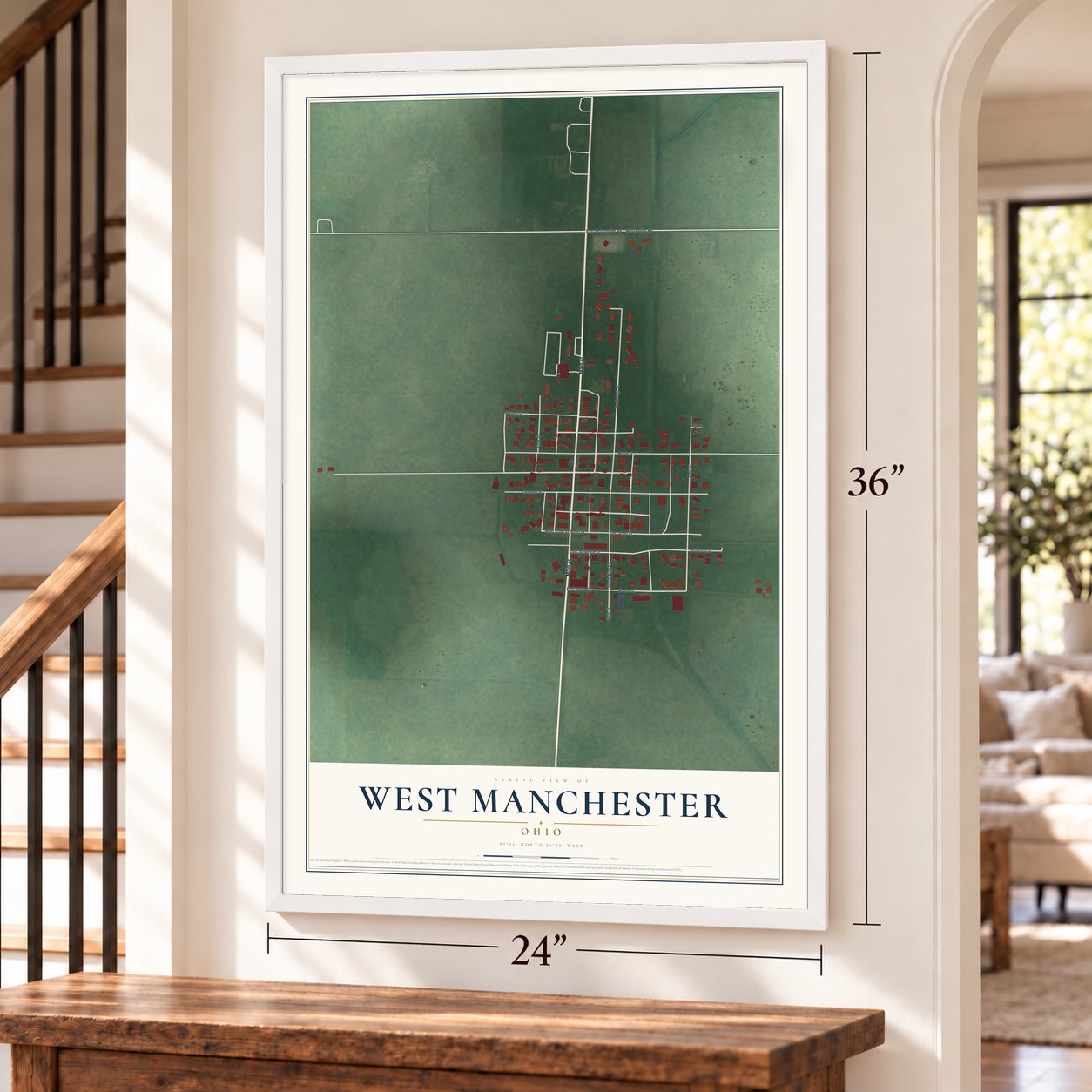 West Manchester, Ohio map, 24 x 36 inch print in a white frame by a staircase