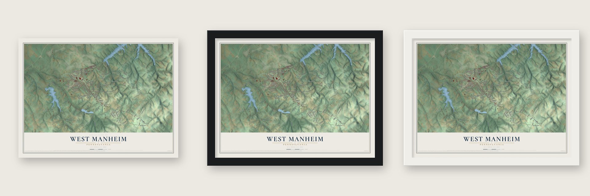 West Manheim, Pennsylvania map unframed, in a black wood frame and in a white wood frame