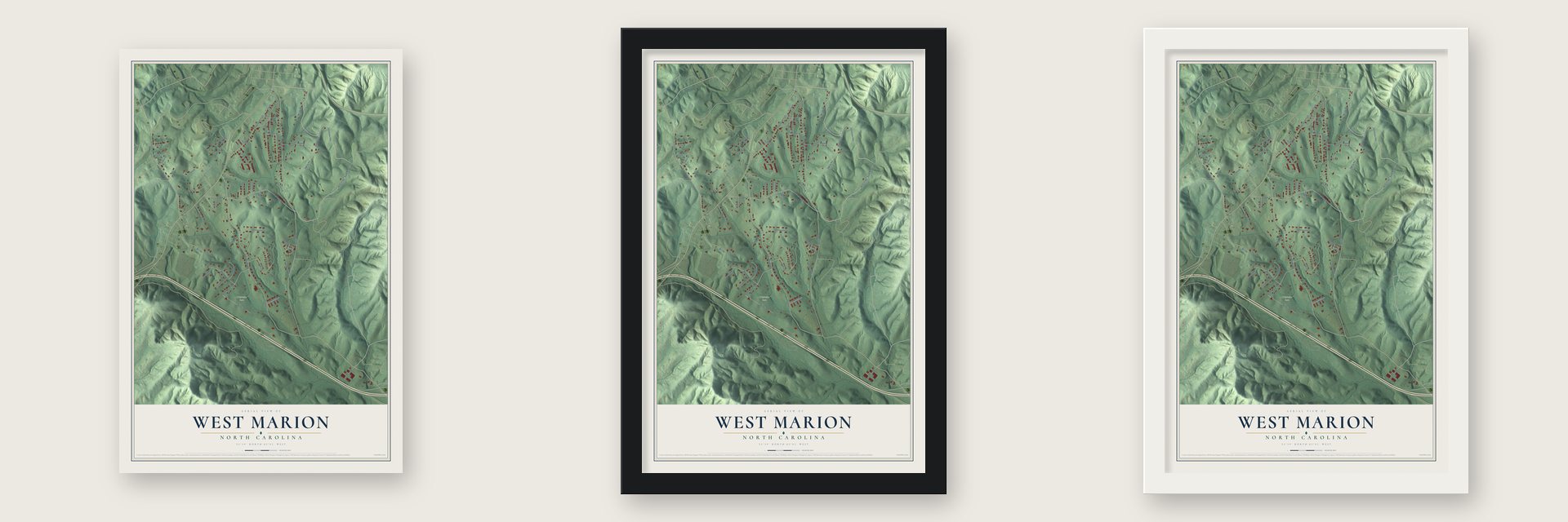 West Marion, North Carolina map unframed, in a black wood frame and in a white wood frame