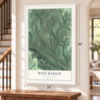 West Marion, North Carolina map, 24 x 36 inch print in a white frame by a staircase