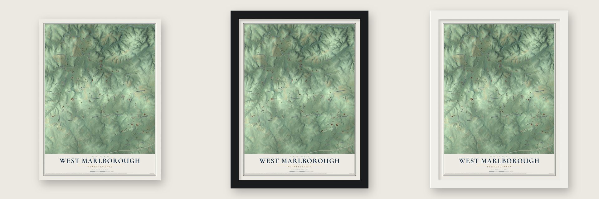 West Marlborough, Pennsylvania map unframed, in a black wood frame and in a white wood frame